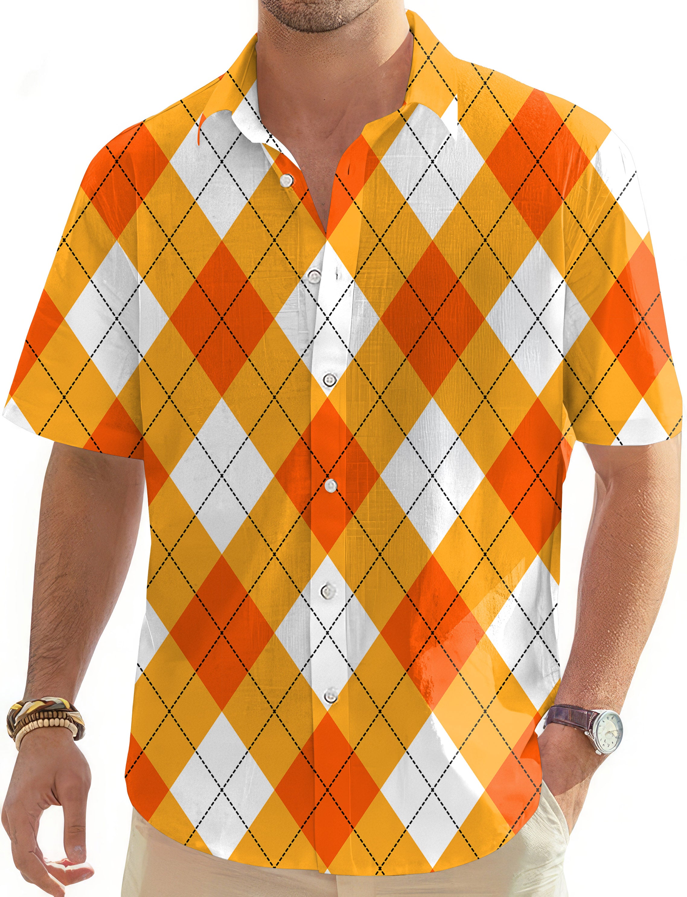 Halloween Cross Orange White Argyle Men's Golf Hawaiian Shirts Button Down Shirt