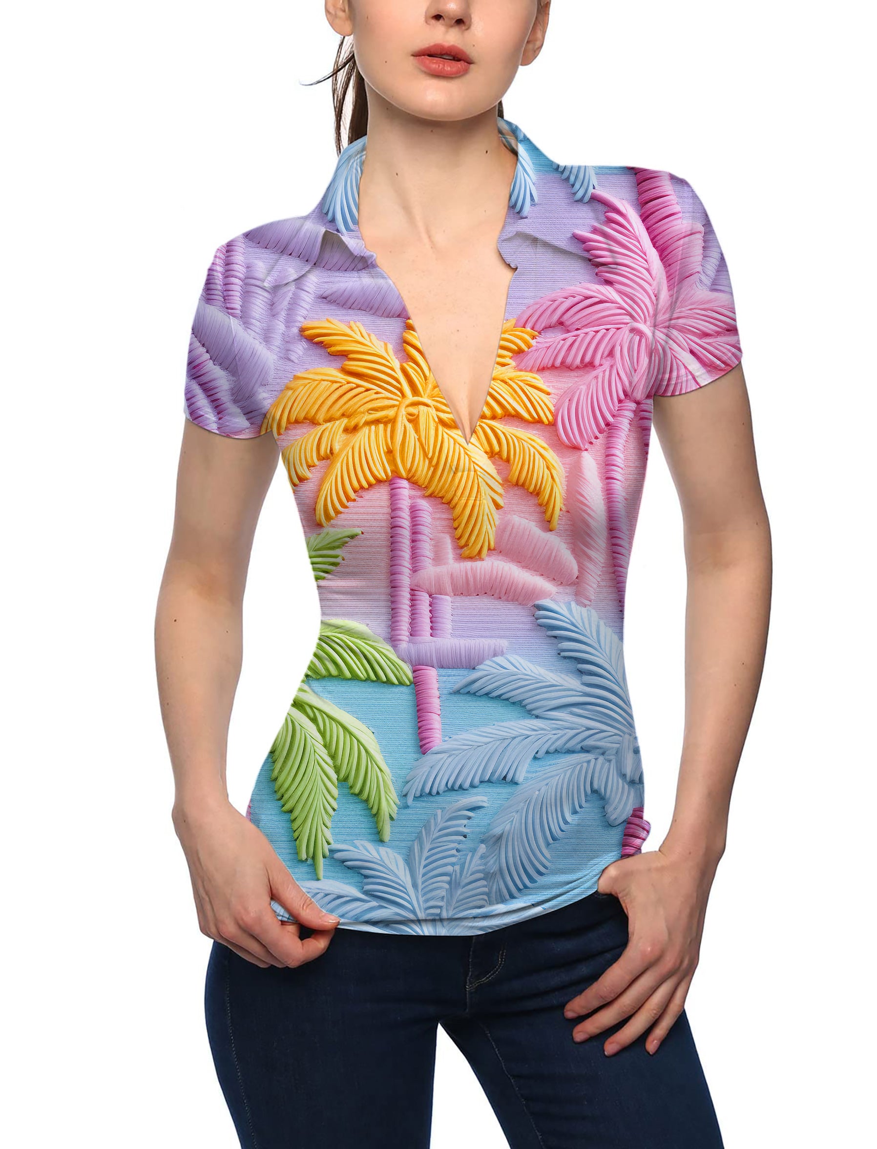 Women's 3D coconut trees V Neck Golf Polo