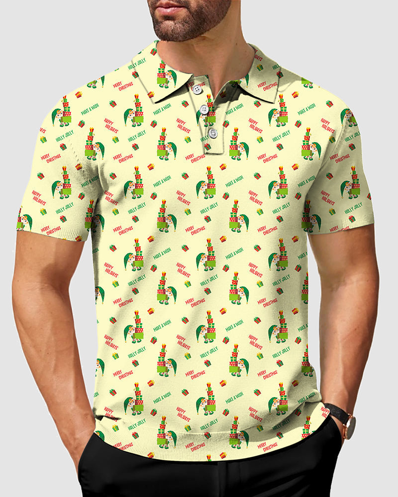 Men's Christmas Little Green Man Polo in light yellow with festive green man print, short sleeves, classic fit, moisture-wicking and wrinkle-resistant fabric.