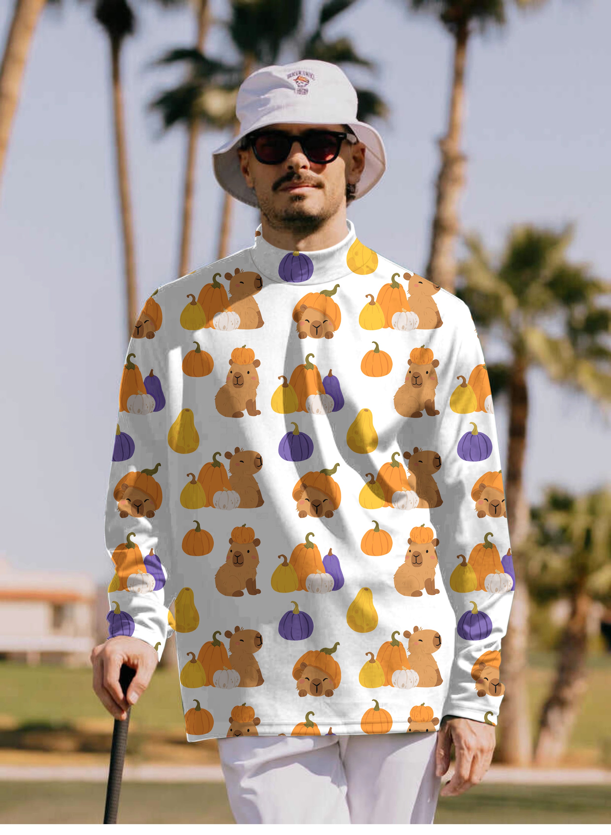 Men's Halloween Capybara Mock Neck Long/Short Sleeve Golf Tops