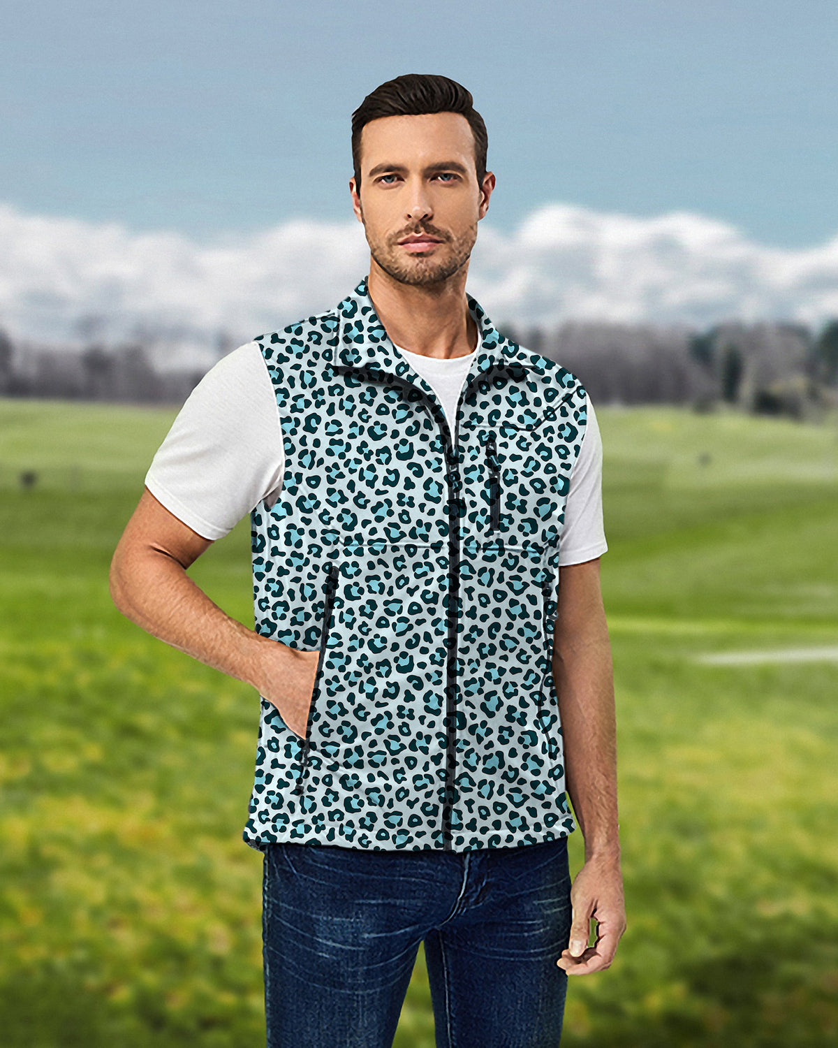 Men's Blue leopard print Lightweight Softshell Vest Sleeveless Jacket for Golf Windproof Waterproof