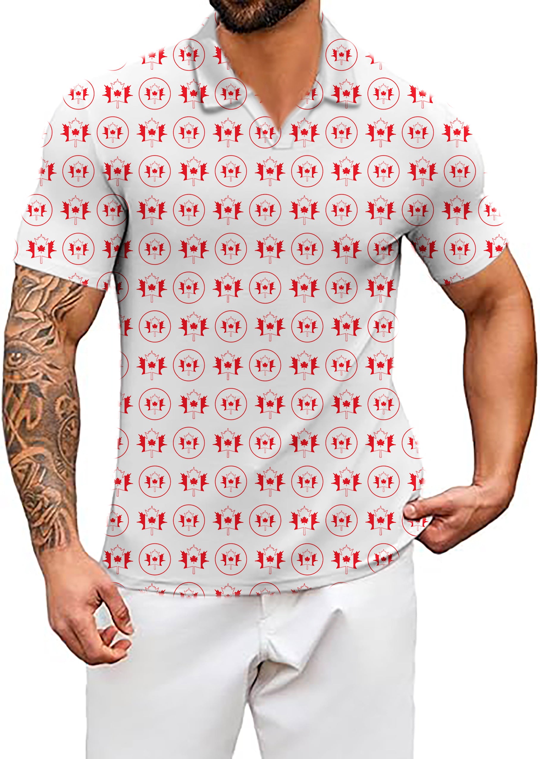 Men's Coconut Palm Circle Canada Maple Leaves V Neck Golf Polo Shirts