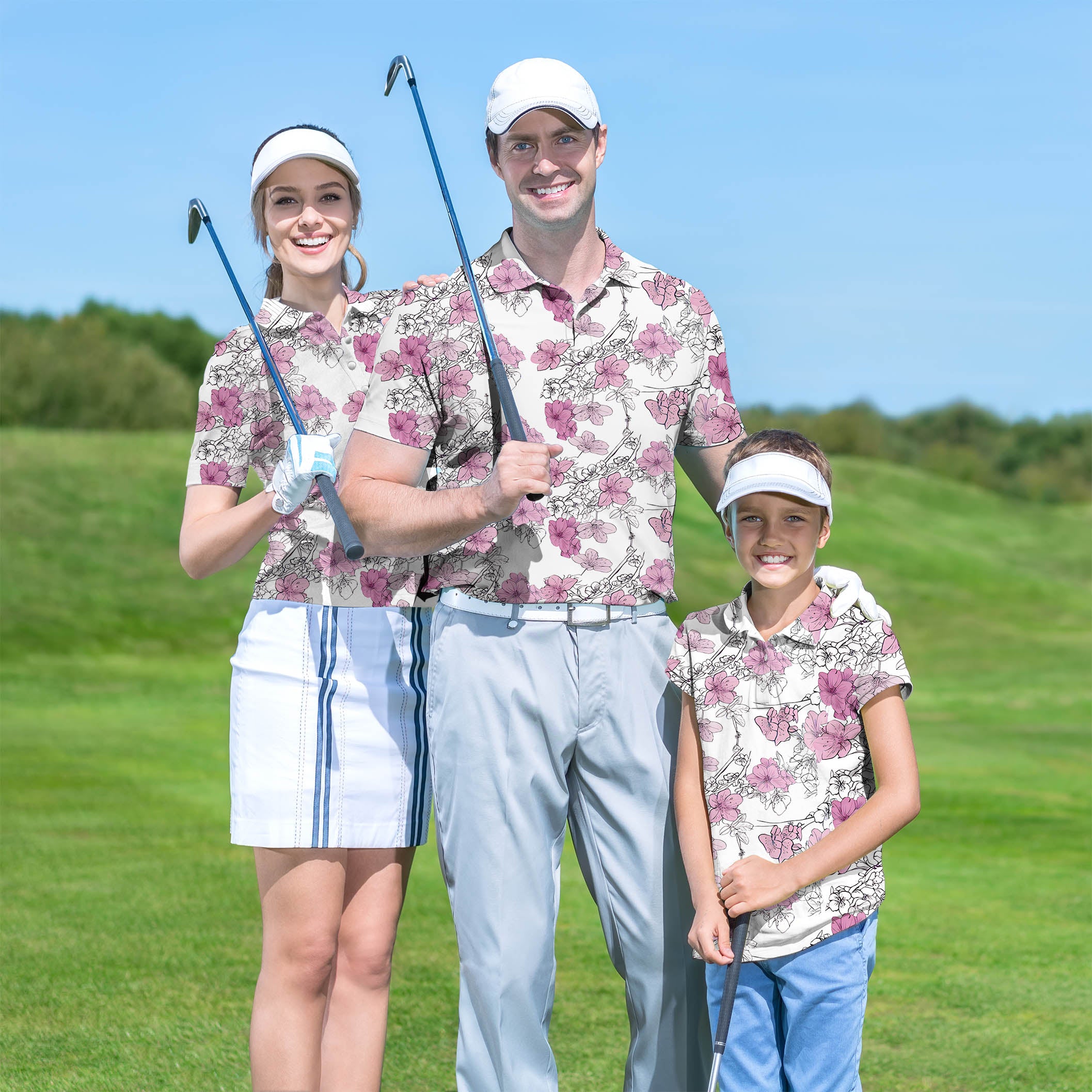 Golf Polo Couple Family set White Cherry Blossom