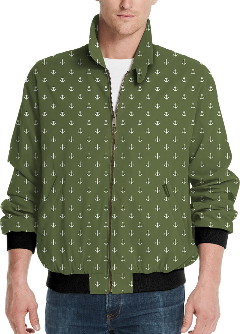 Olive green anchor print men's golf windbreaker light jacket with zipper and black cuffs