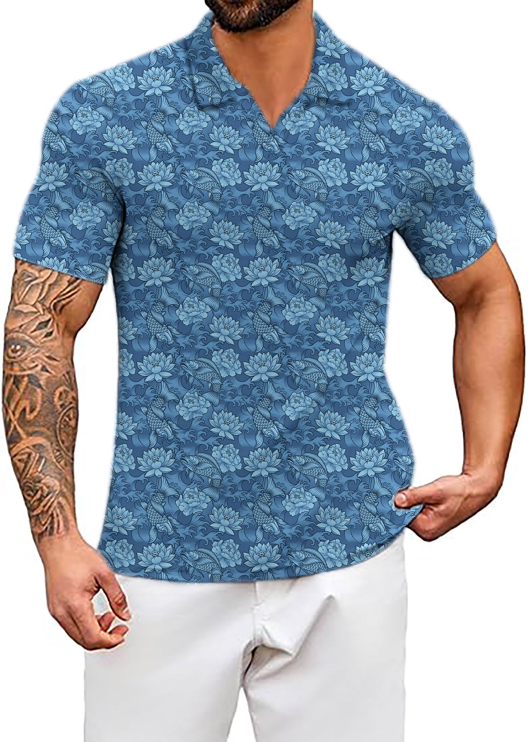 Men's Lotus carp V Neck Golf Polo Shirts