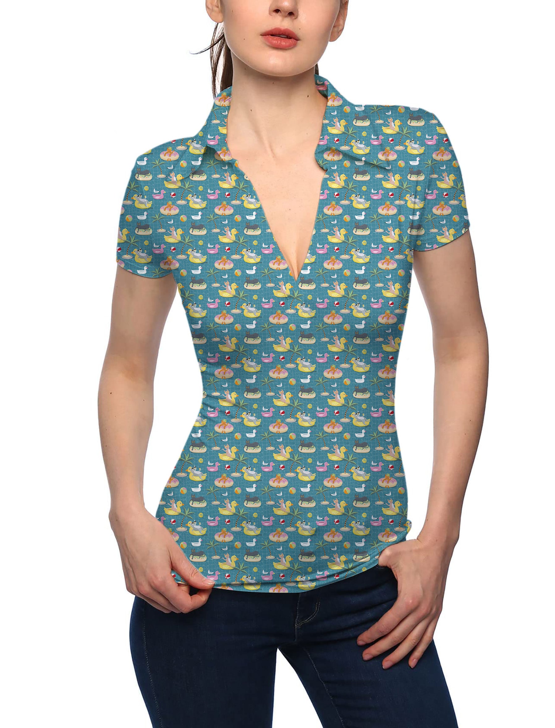 Women's Cats in the Pool V Neck Golf Polo