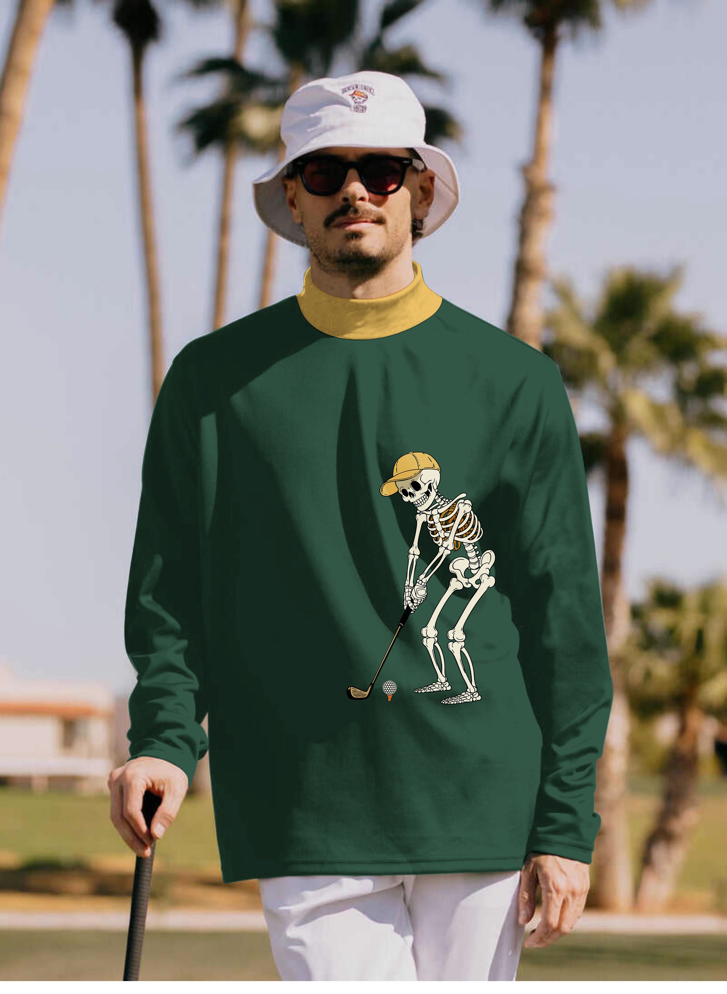 Men's Yellow Green Halloween Skeleton Golf Pullover High neck Long/Short sleeve T-Shirt