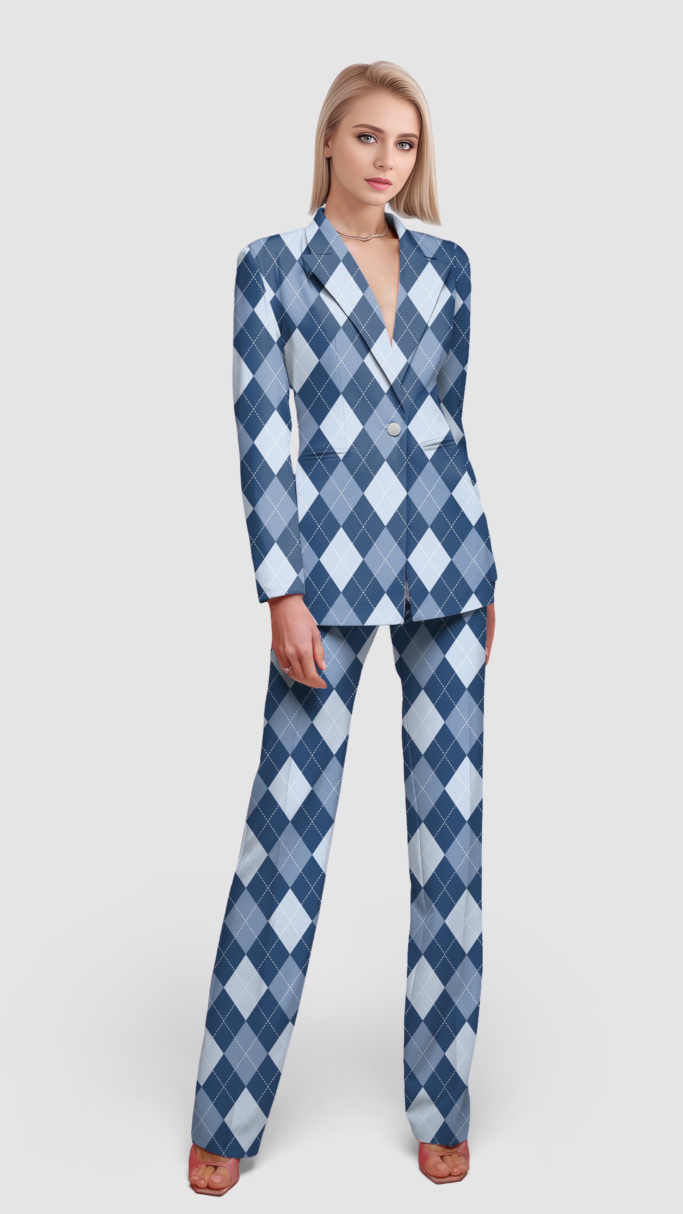 blue Argyle-Women's Blazer Casual Work Office Blazer Suit set