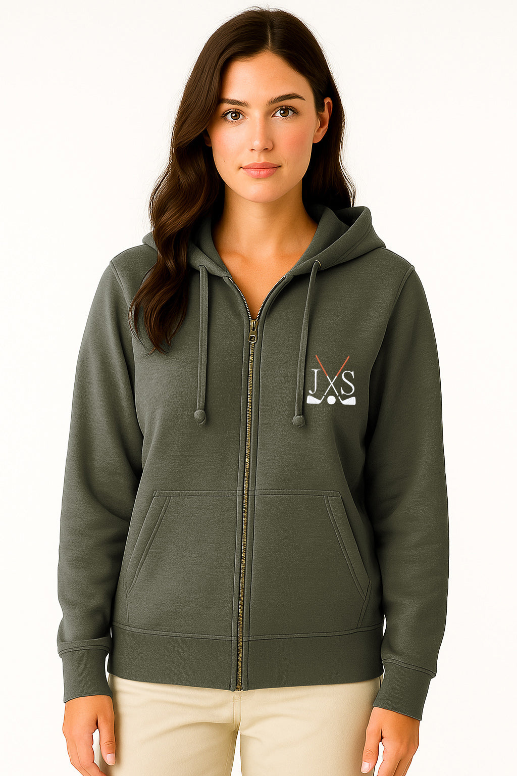 Plus size green zipper hoodie with golf club embroidery and initials for women