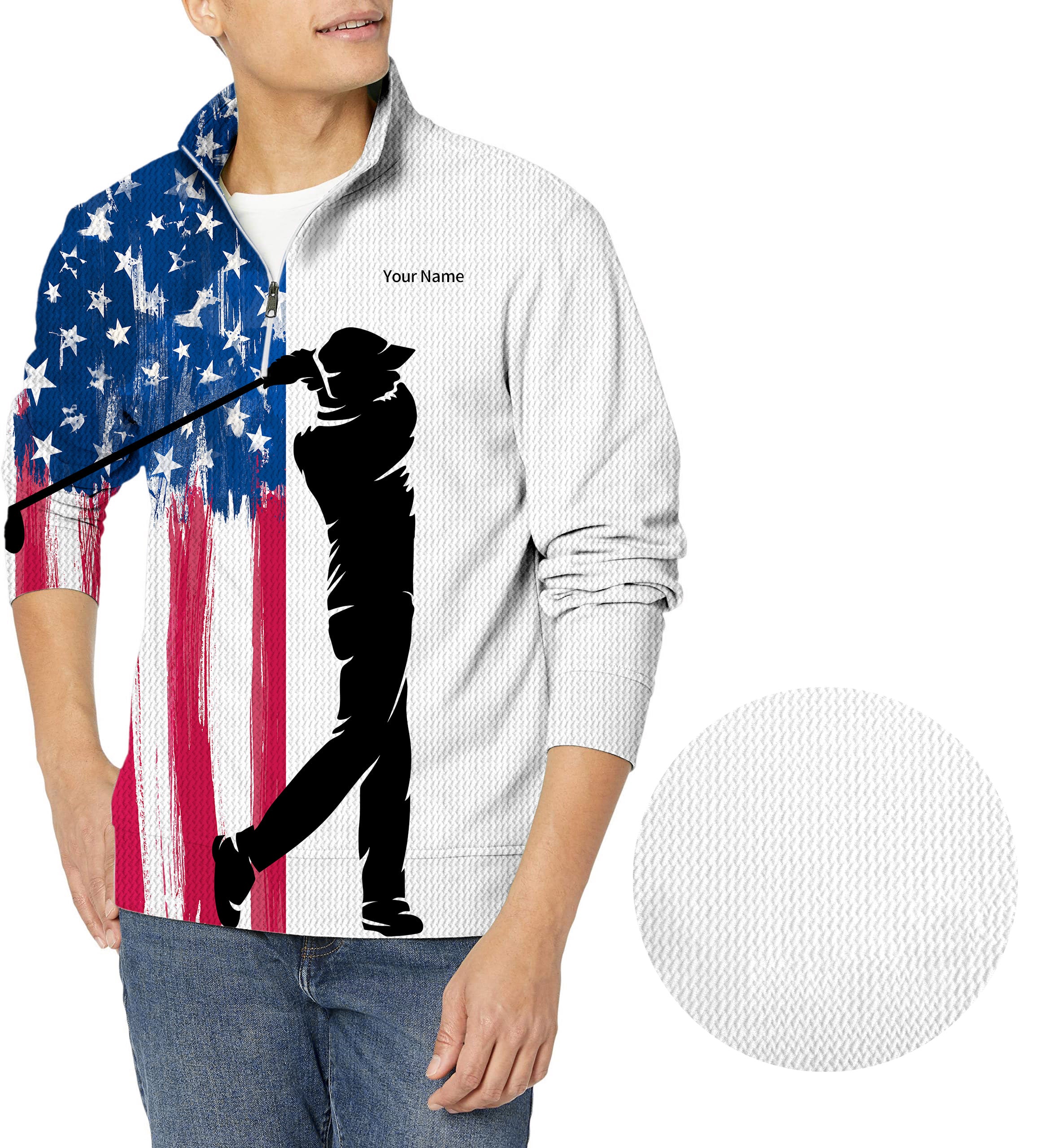 Personalized embroidery Your Name American Flag-Men's Golf Waffle Zipper Pullover