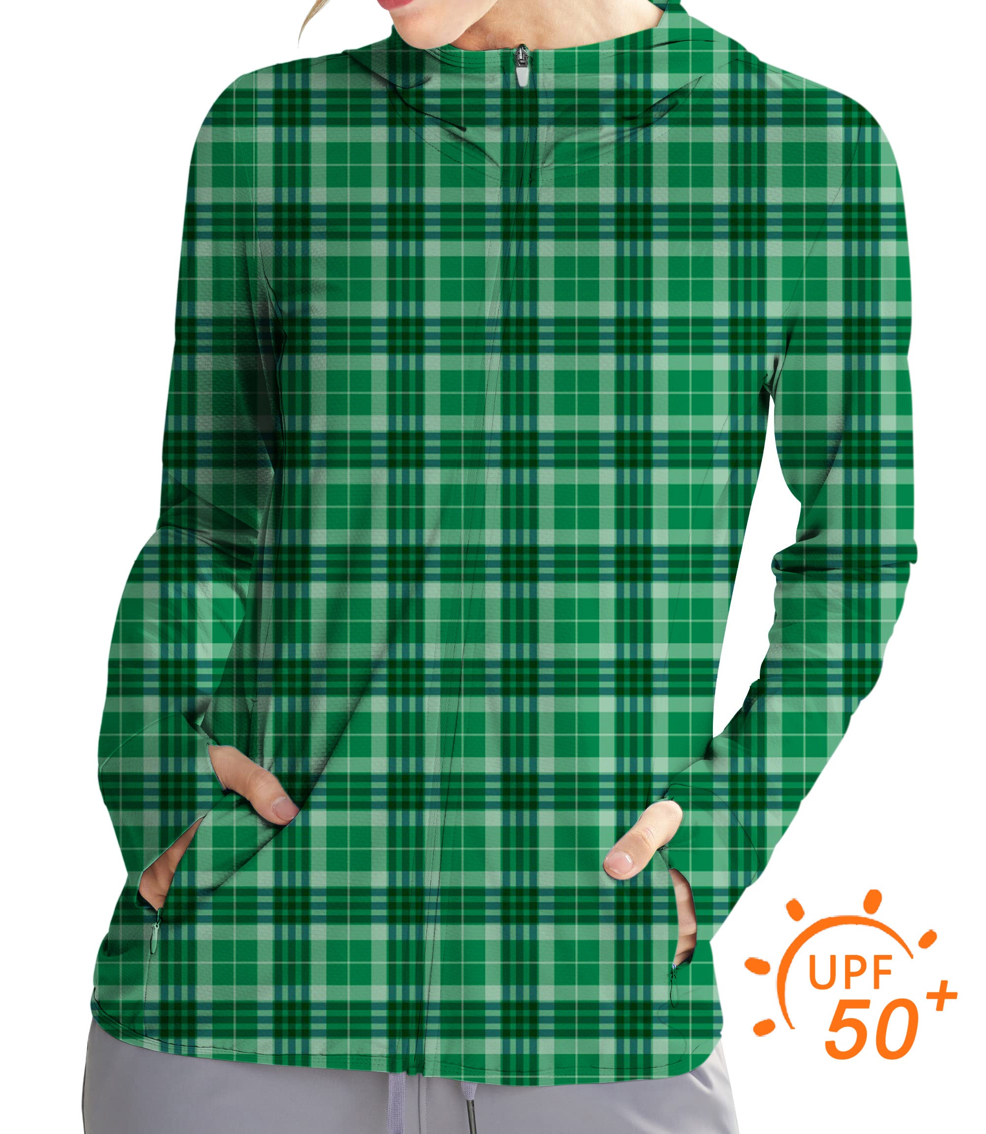 Women's Outdoor Green grid Golf Sun Protection Slim Fit zip hoodies