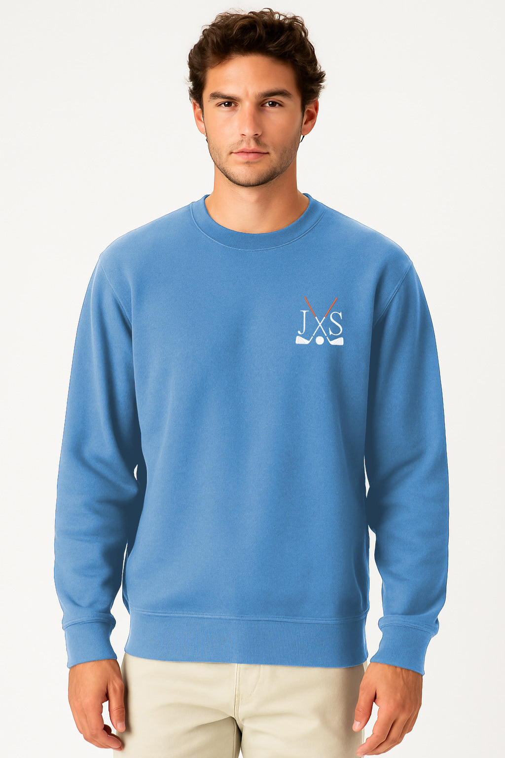 Blue embroidery solid color men's crew neck sweatshirt with rib knit cuffs and hem