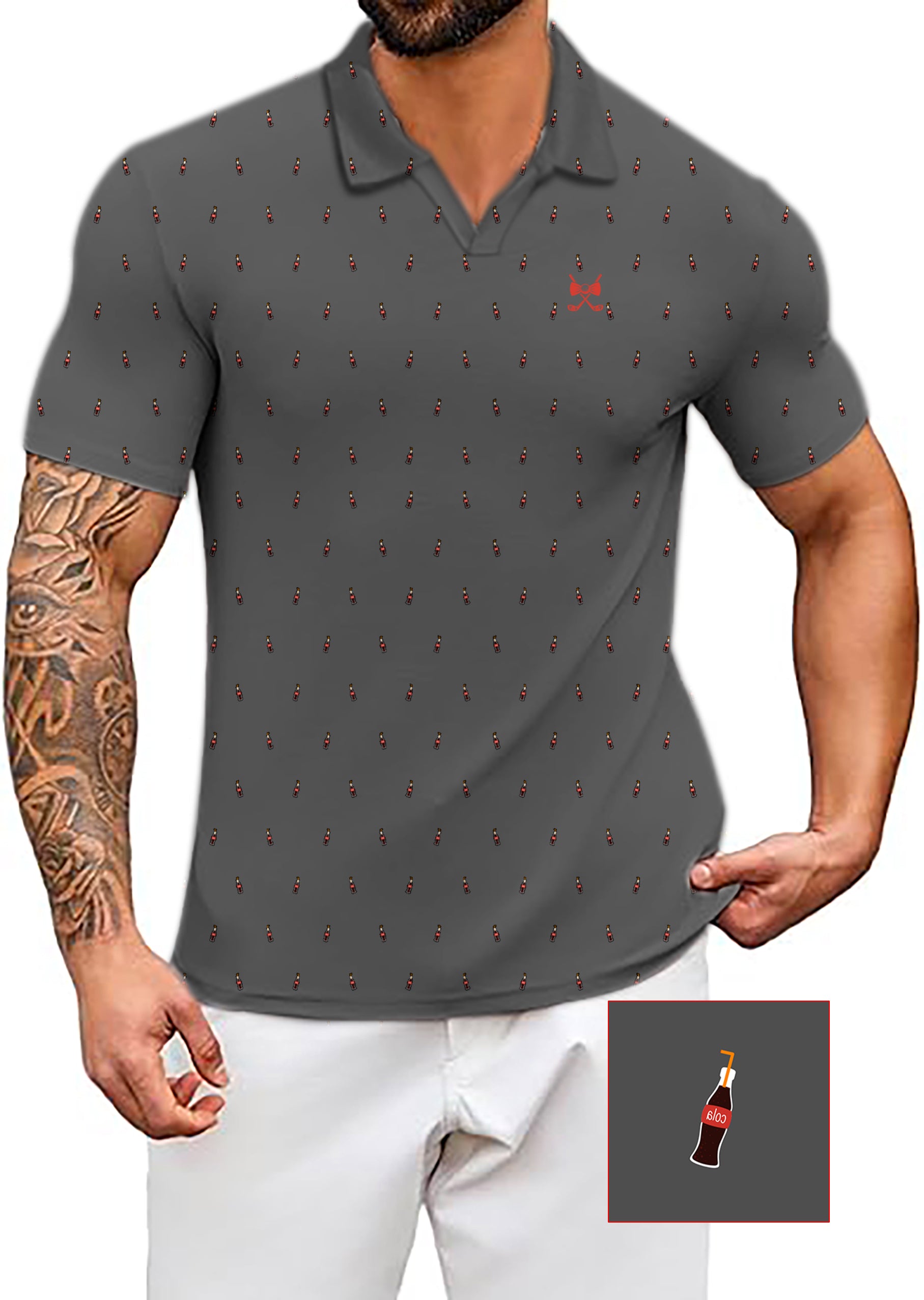 Men's Charcoal Cola Glass Bottle V Neck Golf Polo Shirts