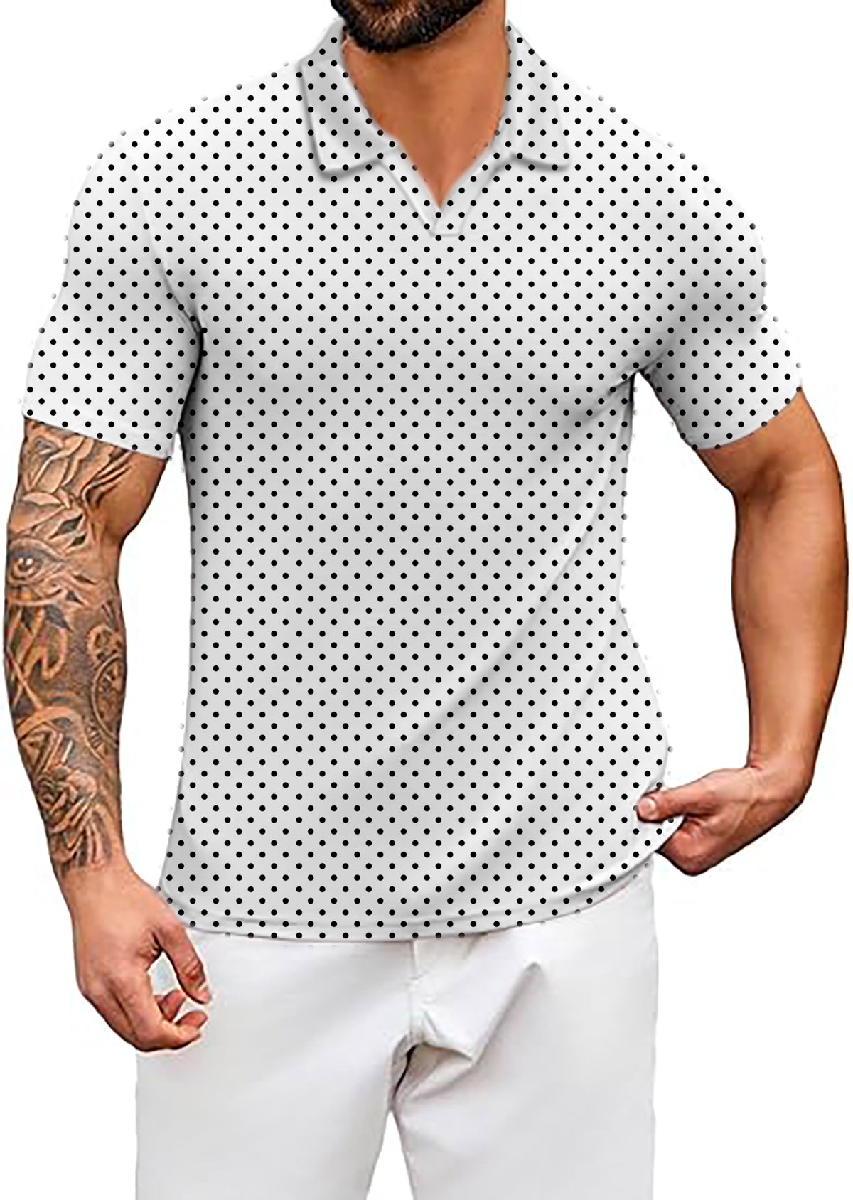Men's Black polka dots white background V Neck Golf Polo Shirts