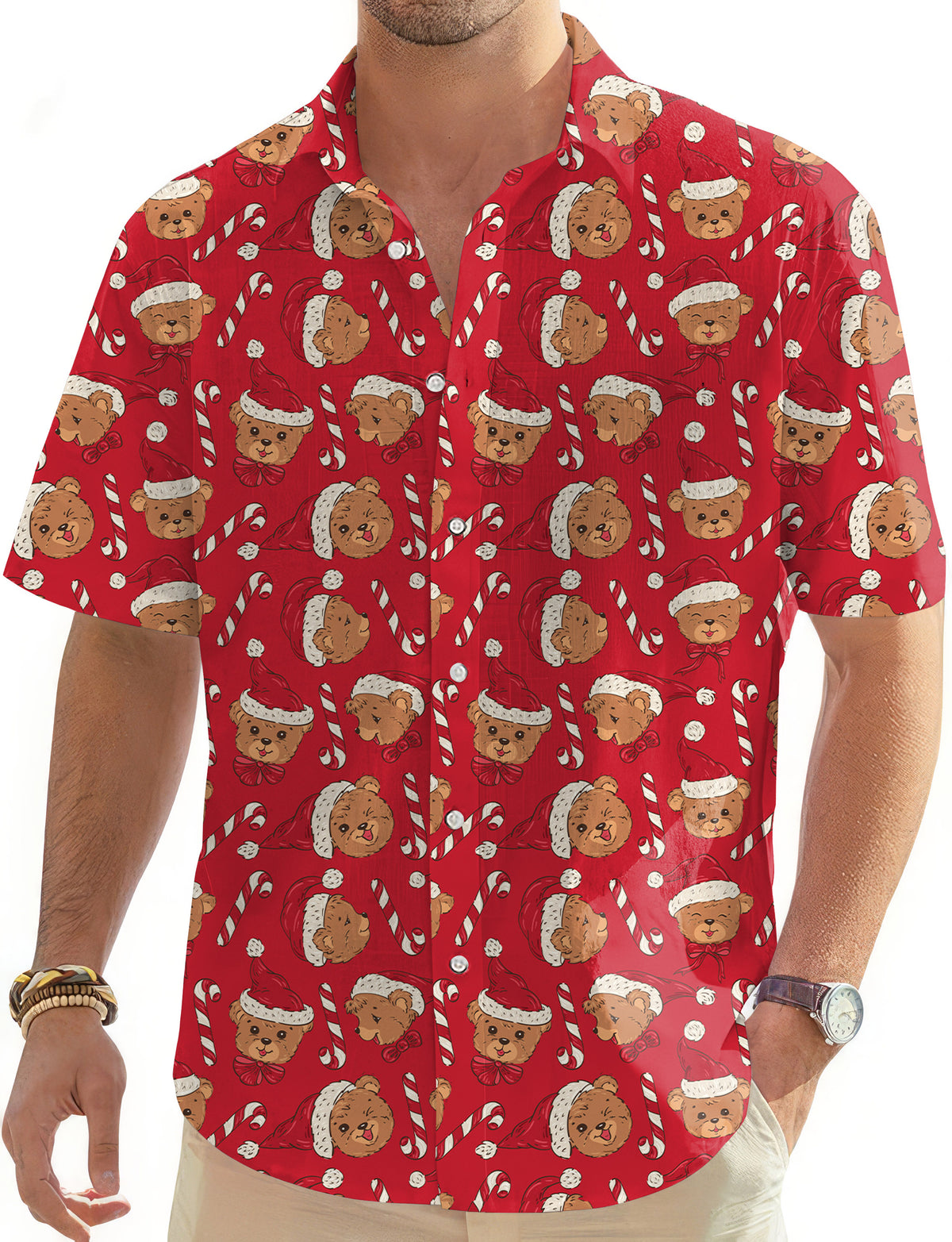Red Christmas Teddy Bear Men's Golf Hawaiian Shirts Button Down Shirt
