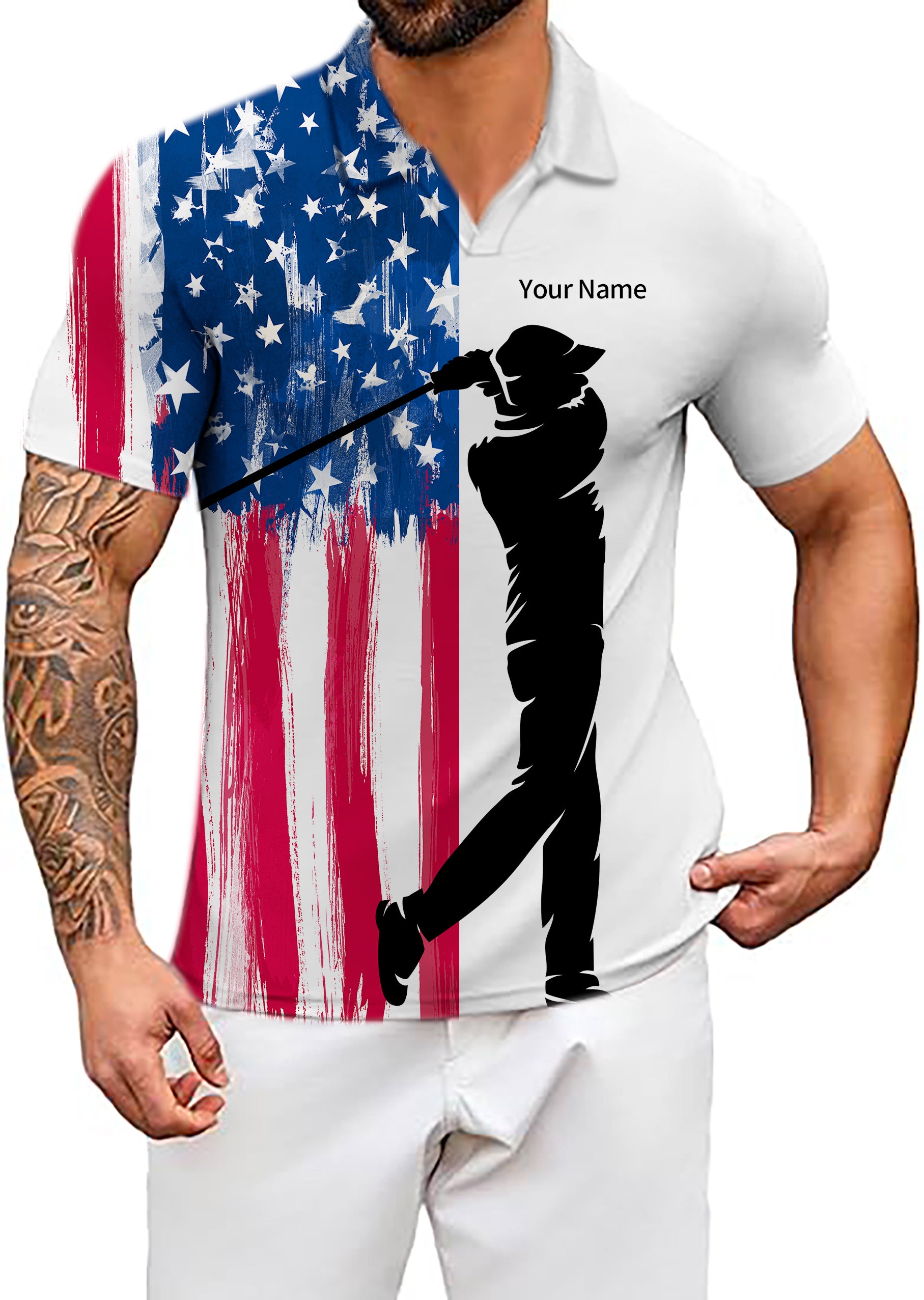 Personalized embroidery Your Name Men's American Flag V Neck Golf Polo Shirts