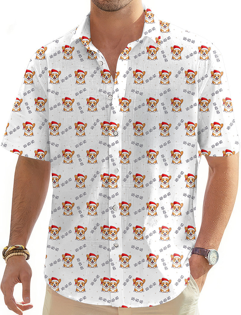 Christmas Corg men's golf Hawaiian shirt with festive corgi pattern and button-down collar