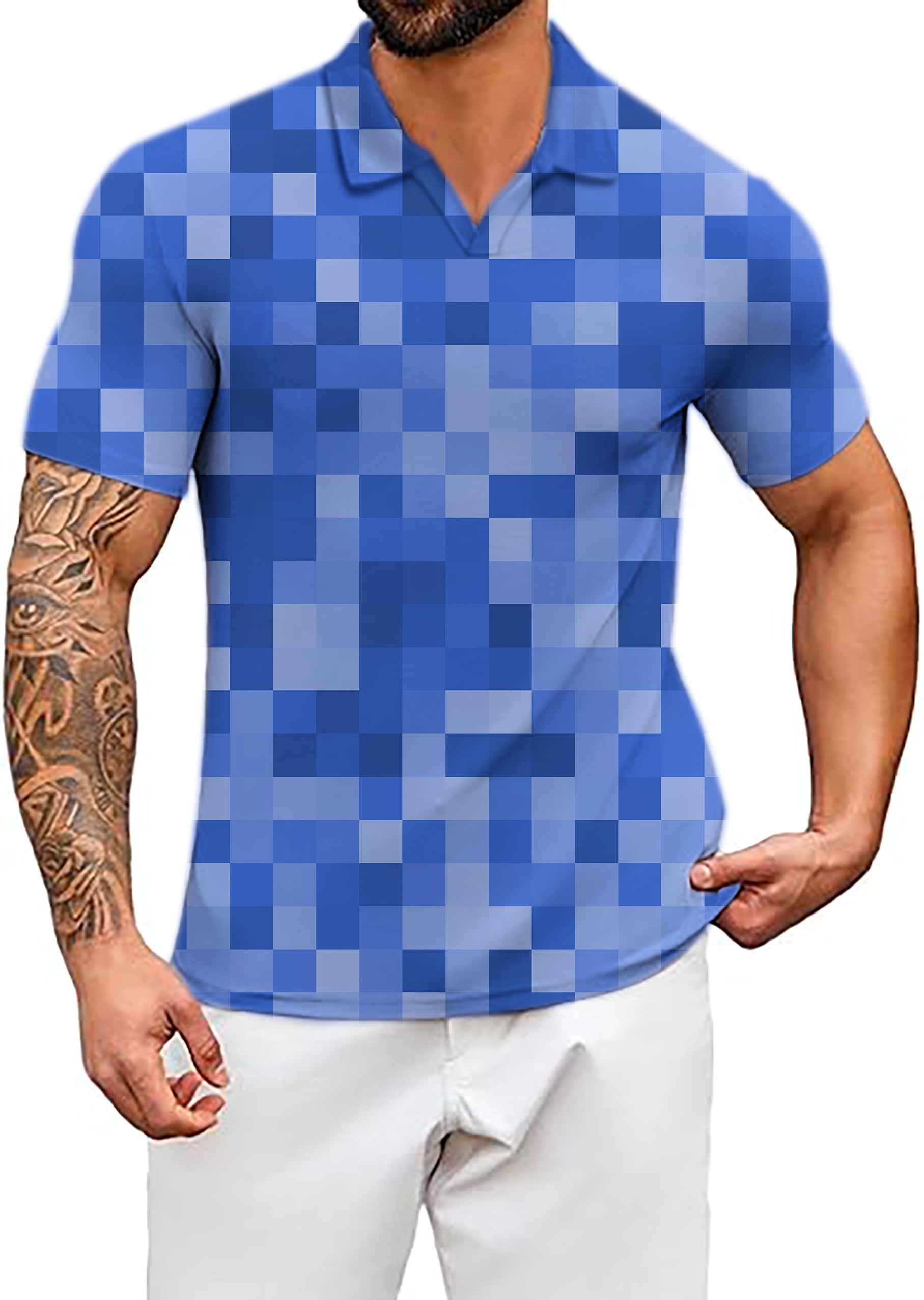 Men's Navy blue Pixel Big V Neck Golf Polo Shirts