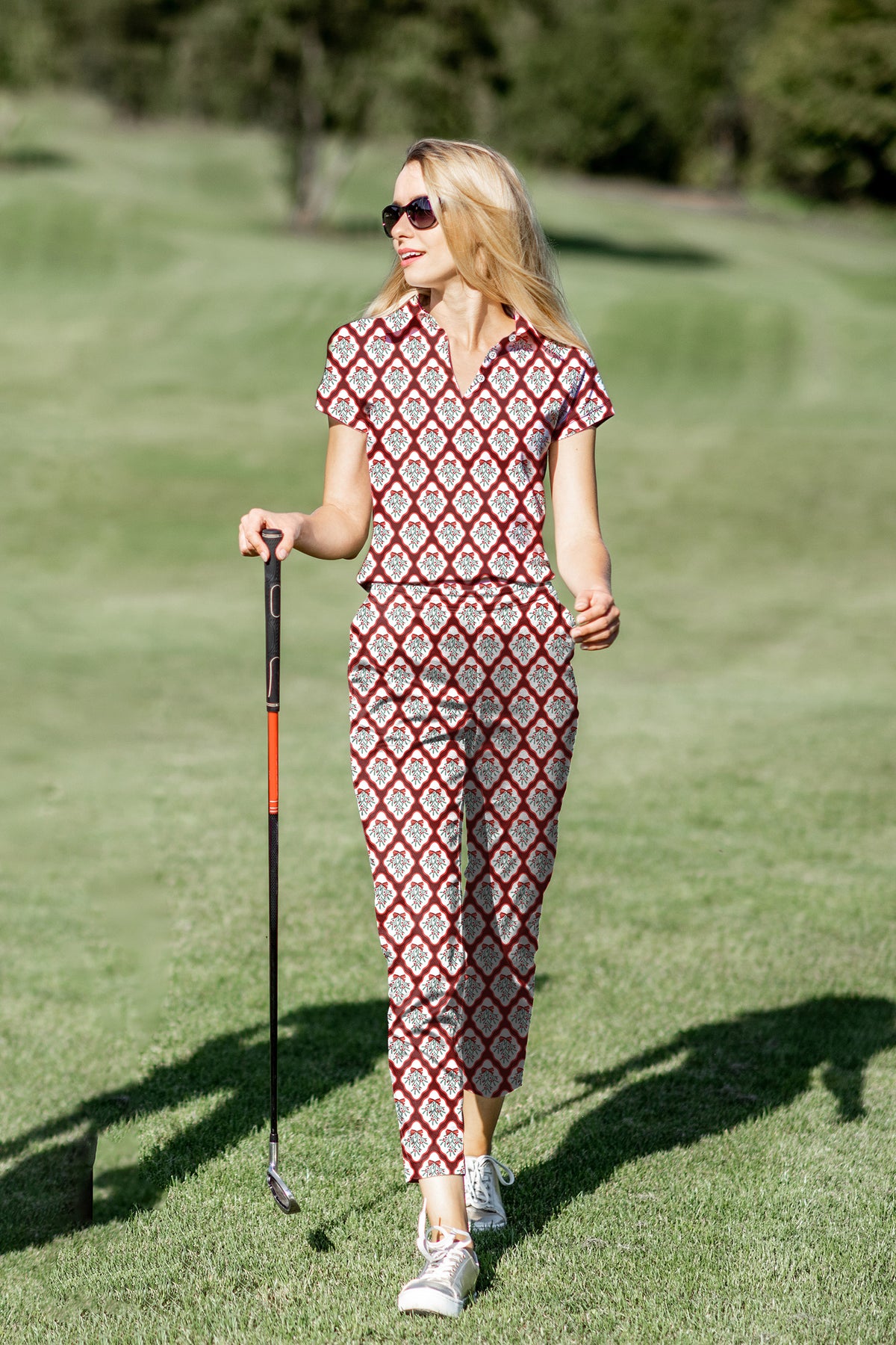 Women's Golf Polo+Pants Set Christmas red holly