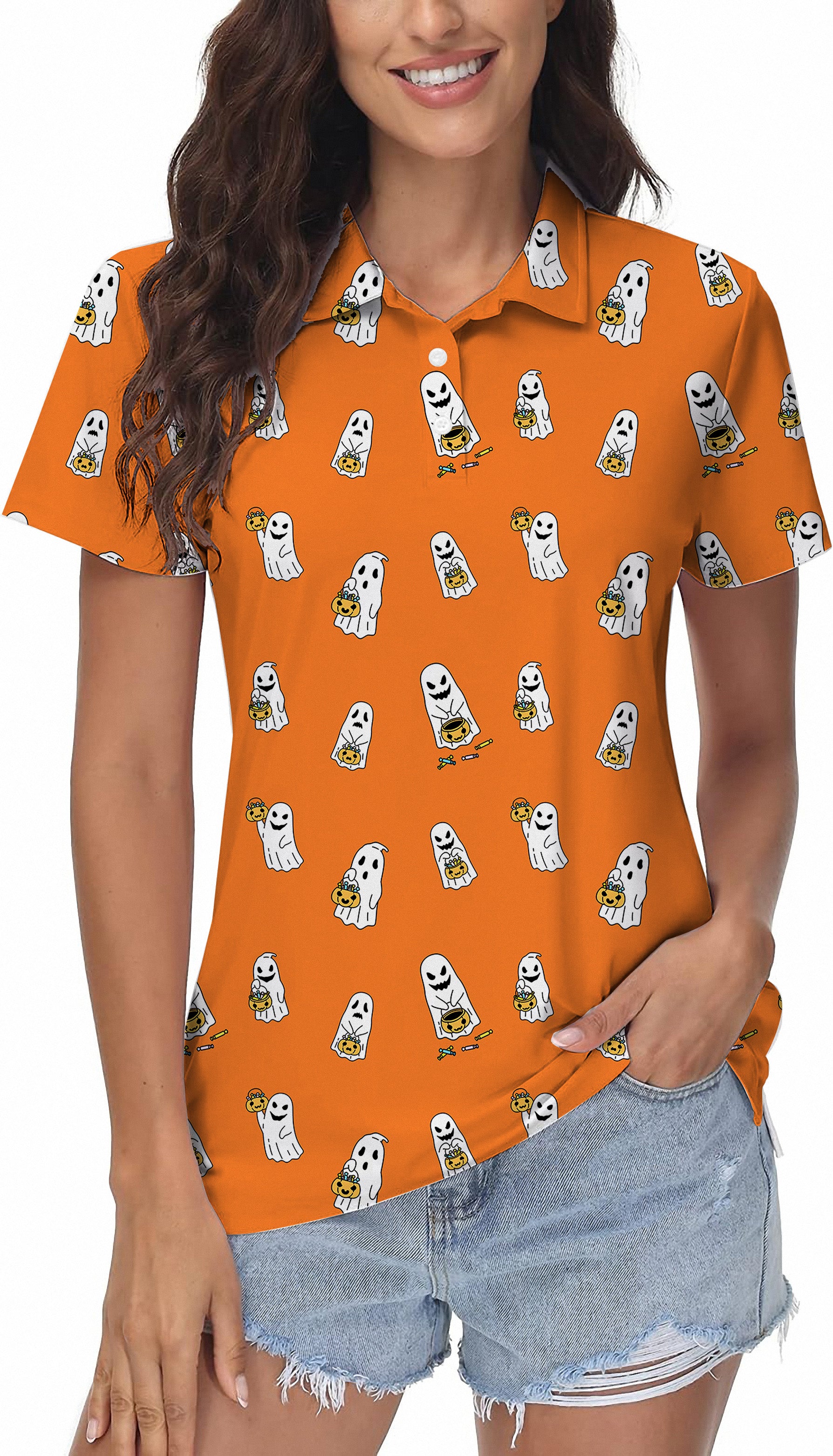 Halloween Ghost Pumpkin Basket Custom The Background Color Women's Golf Polo