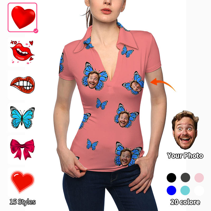 Valentine's Day Women's Custom Photo Face Custom Color Hot Pink V Neck Golf Polo