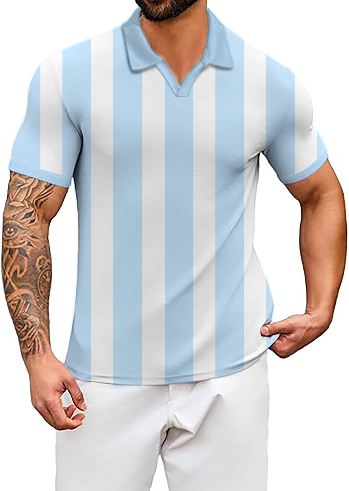 Men's Blue and white vertical stripes V Neck Golf Polo Shirts