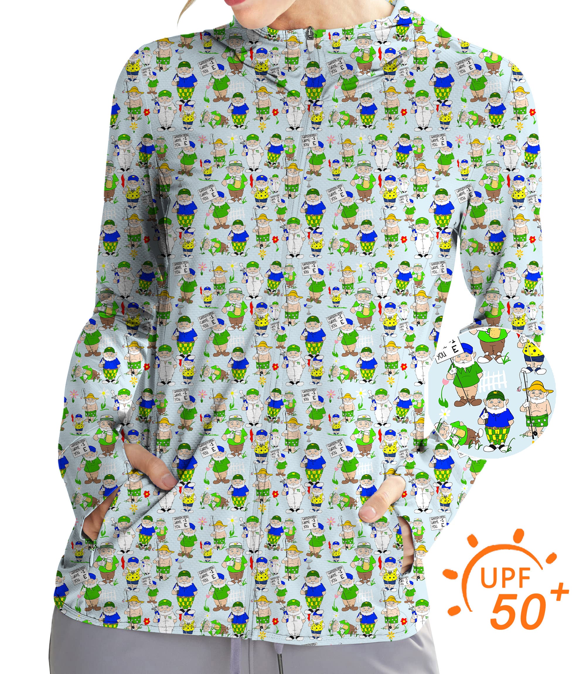 Women's Outdoor  Gnome Garden Open Designer style Golf Sun Protection Slim Fit zip hoodies