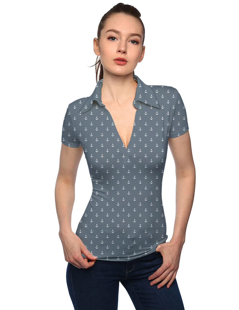 Women's gray anchor print V neck golf polo shirt with short sleeves and stand collar
