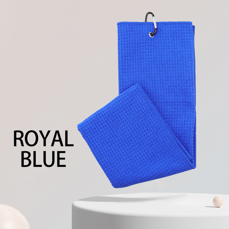 Royal blue sports microfiber waffle towel with custom embroidered logo for golf clubs