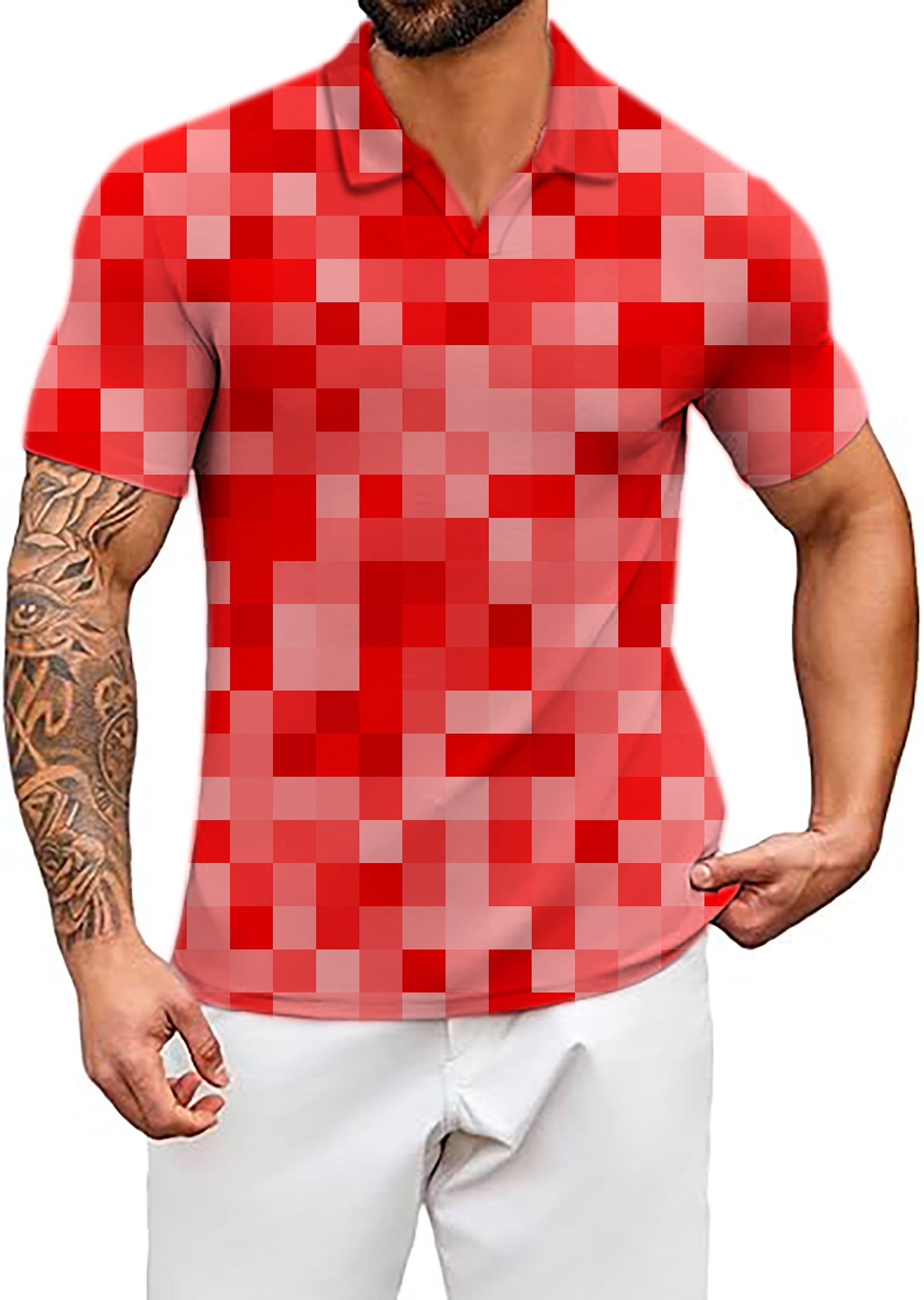 Men's Red Pixel Big V Neck Golf Polo Shirts