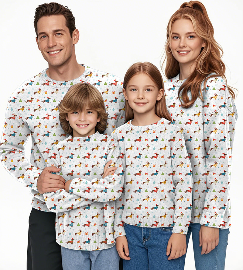 Family wearing matching Christmas Dachshund colorful crewneck pullovers with festive design