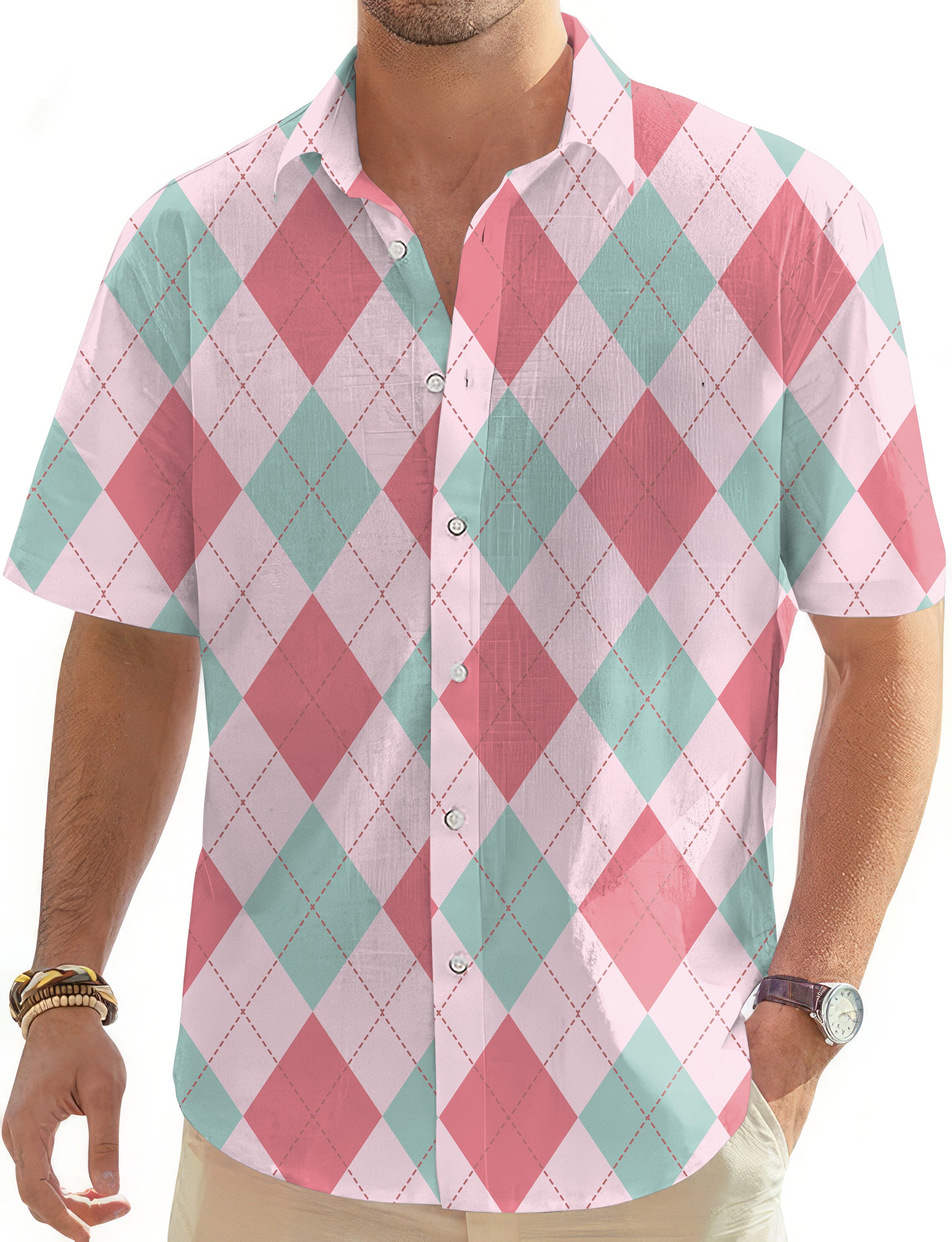 pink Argyle-Men's Golf Hawaiian Shirts Button Down Shirt