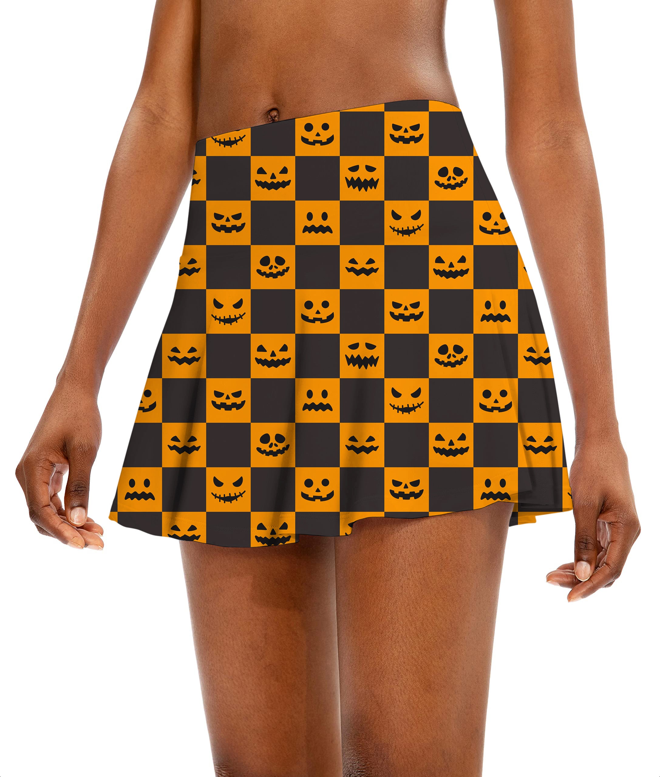 Halloween black and yellow checkerboard pumpkin Women's Athletic Golf Skorts Flared Skirts