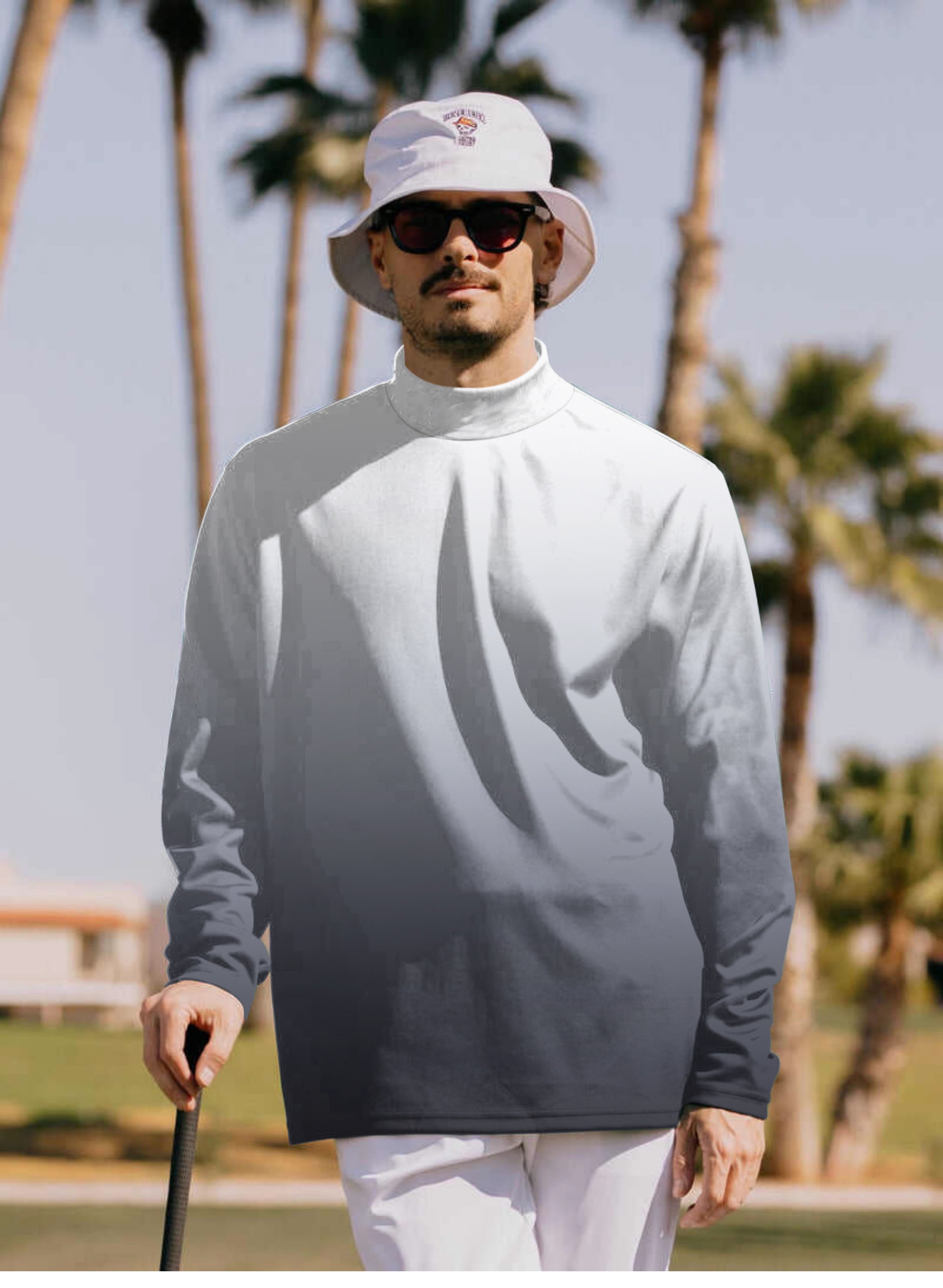 Men's Black And White Gradient Mock Neck Long/Short Sleeve Golf Tops