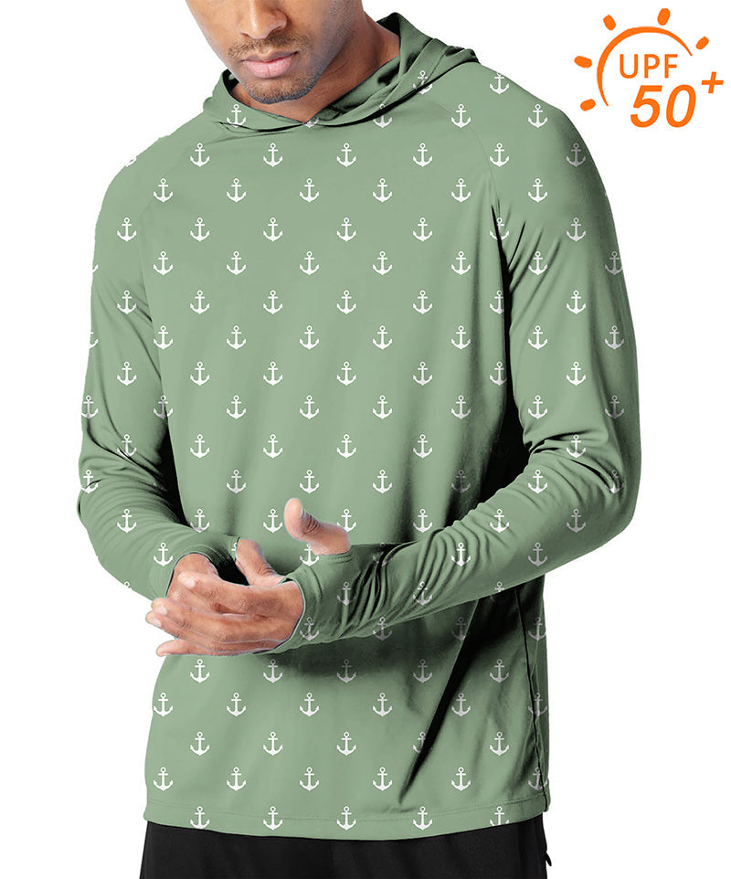 Men's outdoor grass green slim fit hooded sun protection hoodie with anchor print and UPF 50+ fabric