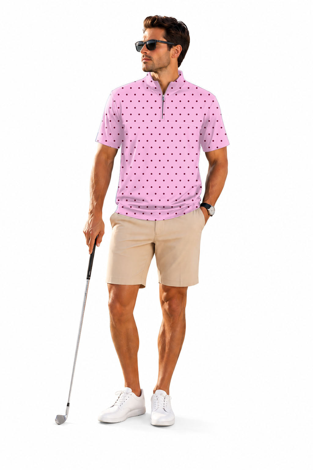 Men's Short Sleeve Quarter Zip Golf Pullover Pink Polka Dots Embroidery