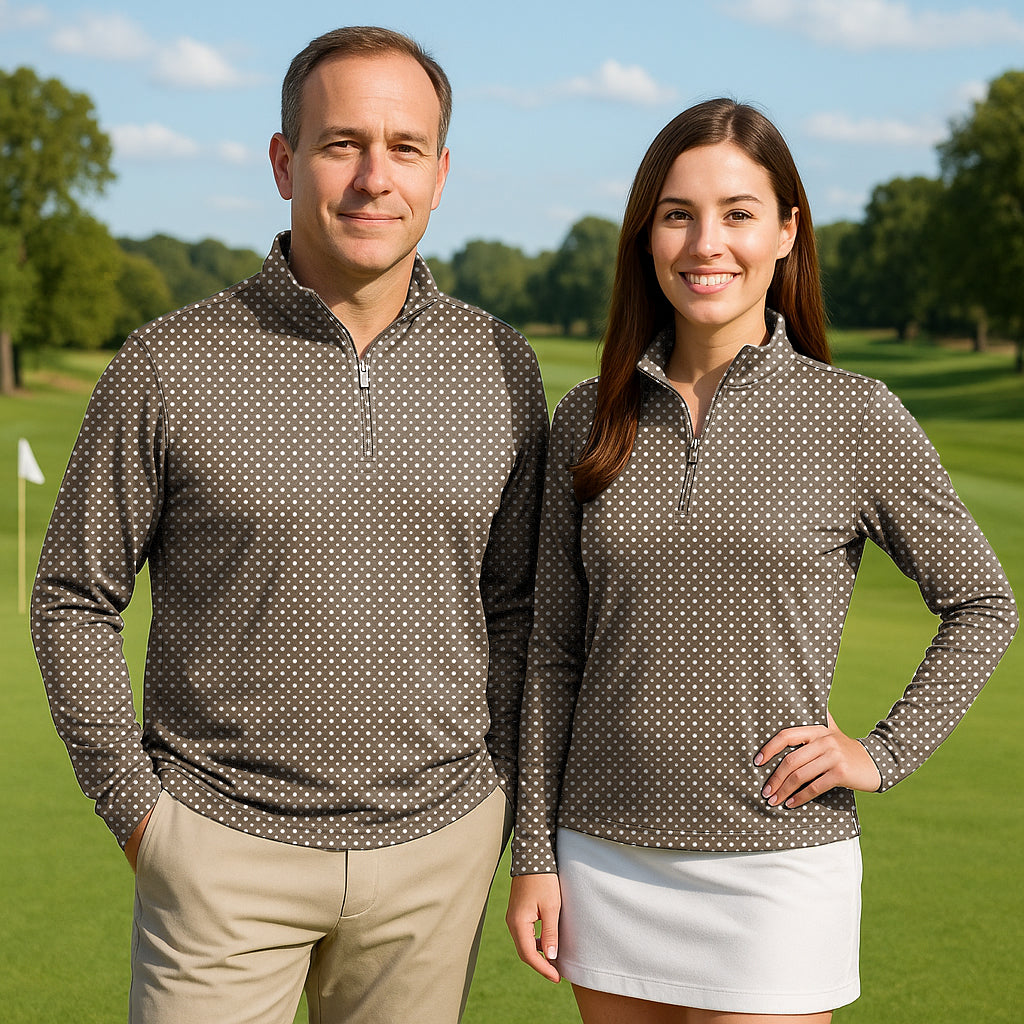 white polka dot brown Couple Golf Active 3/4 Zipper Top Long Sleeves