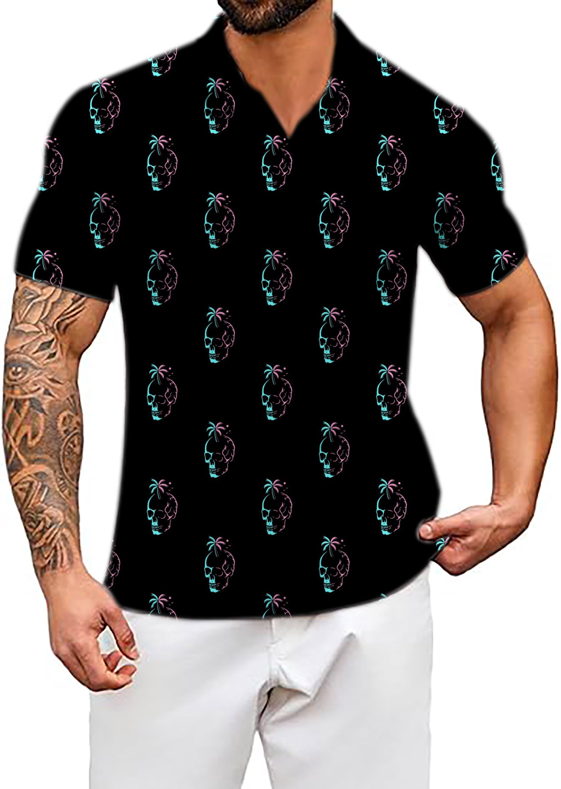 Men's Palm Skulls V Neck Golf Polo Shirts