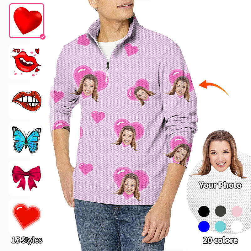 Valentine's Day Custom Photo Face Custom Color Purple Love Men's Golf Waffle Zipper Pullover