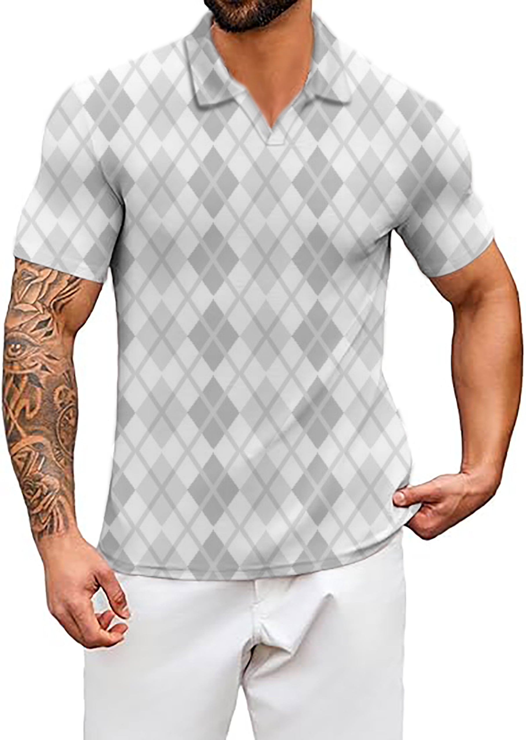 Men's Argyle grey grid V Neck Golf Polo Shirts