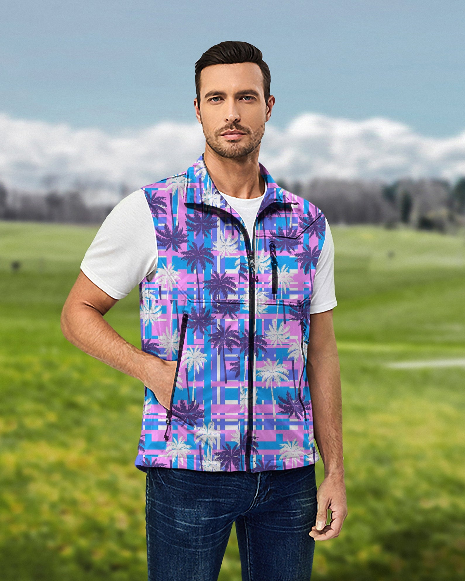 Men's Purple Palm tree Lightweight Softshell Vest Sleeveless Jacket for Golf Windproof Waterproof