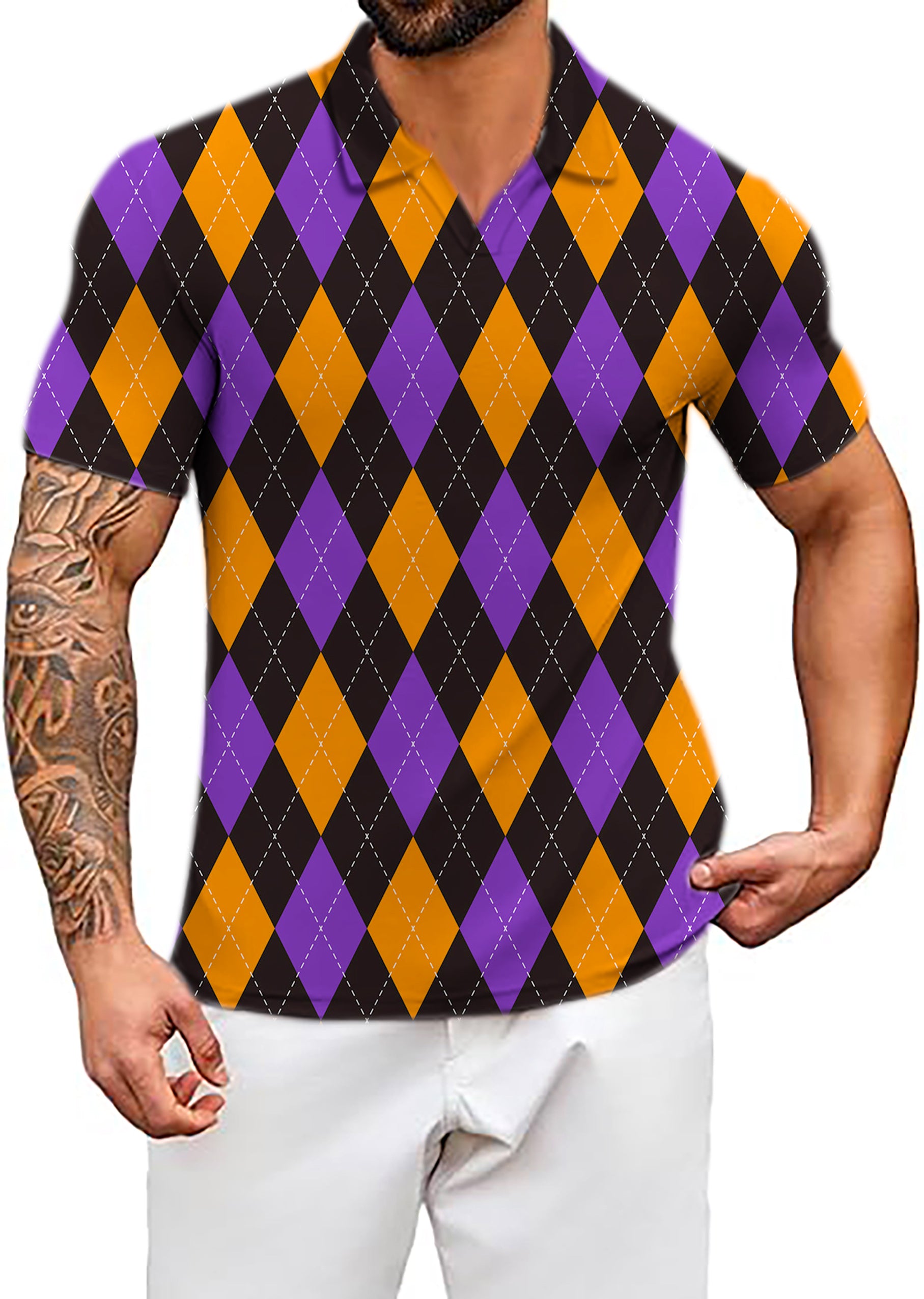 Men's Orange purple and black argyle V Neck Golf Polo Shirts