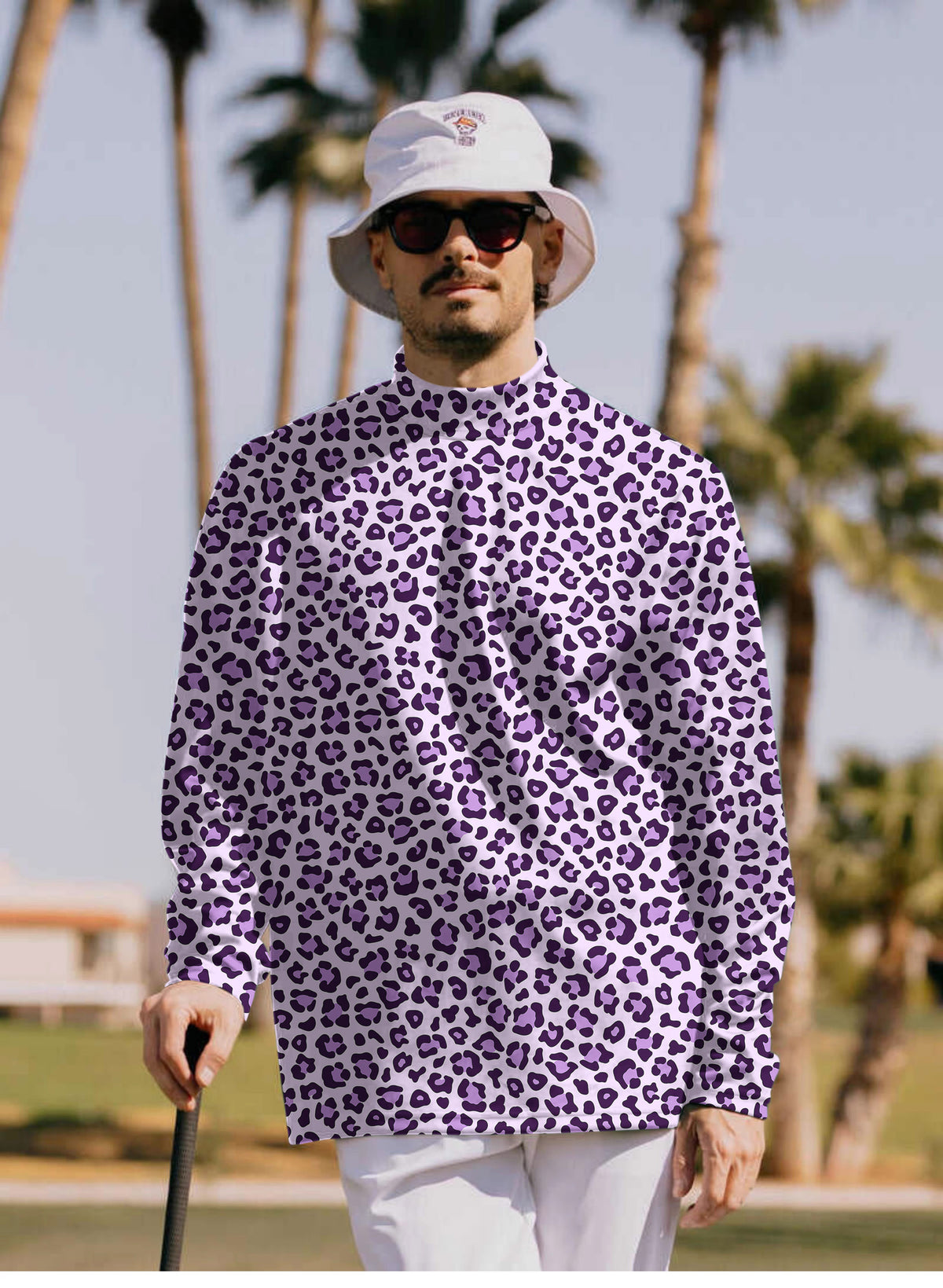 Men's pink leopard print Mock Neck Long/Short Sleeve Golf Tops