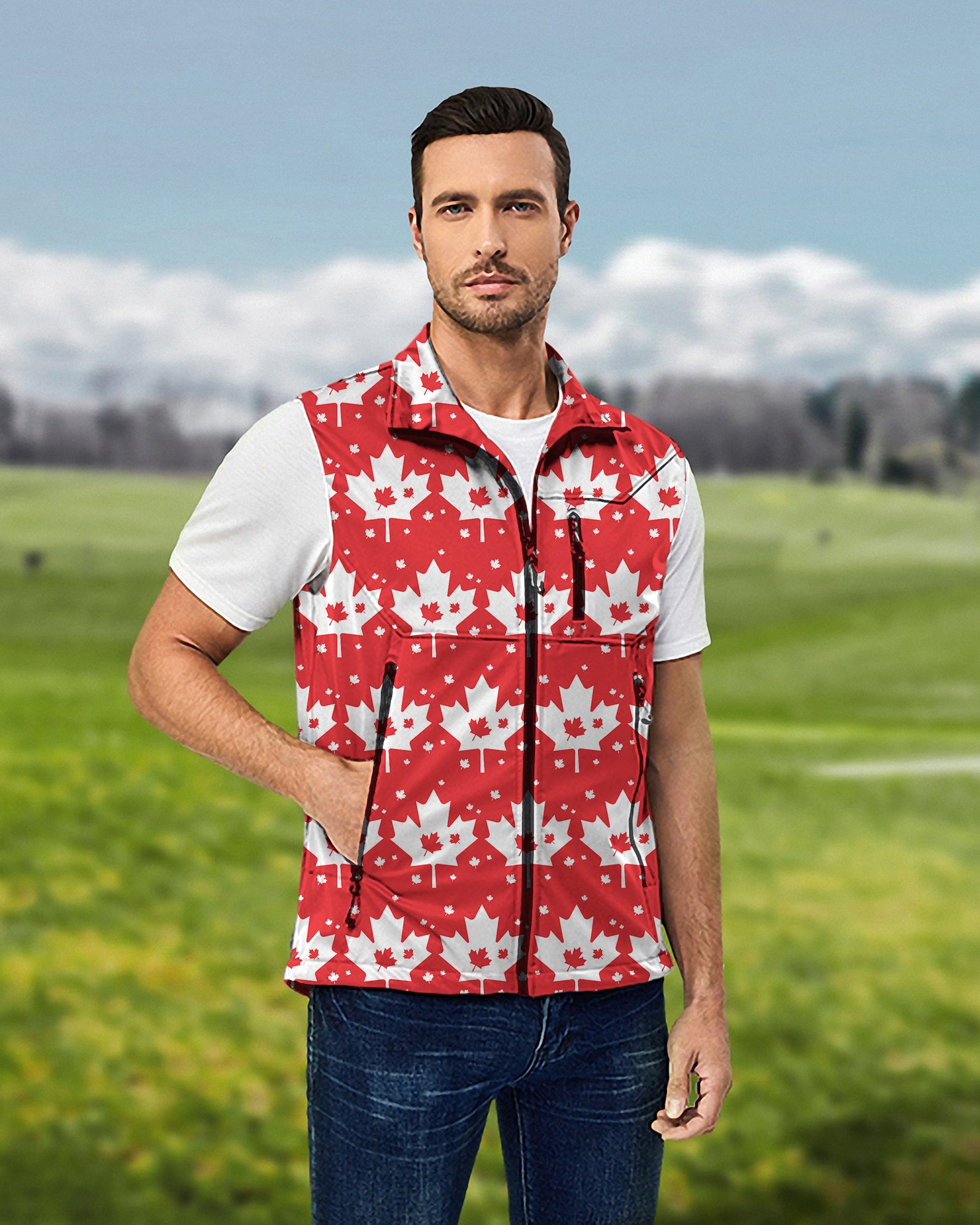 Men's Canadian Maple Leaf Lightweight Softshell Vest Sleeveless Jacket for Golf Windproof Waterproof