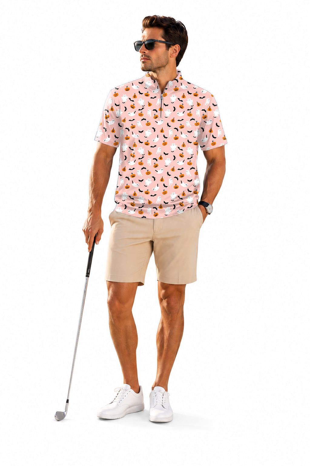 Men's Short Sleeve Quarter Zip Golf Pullover   Halloween Kawaii Ghost Pumpkin Embroidery