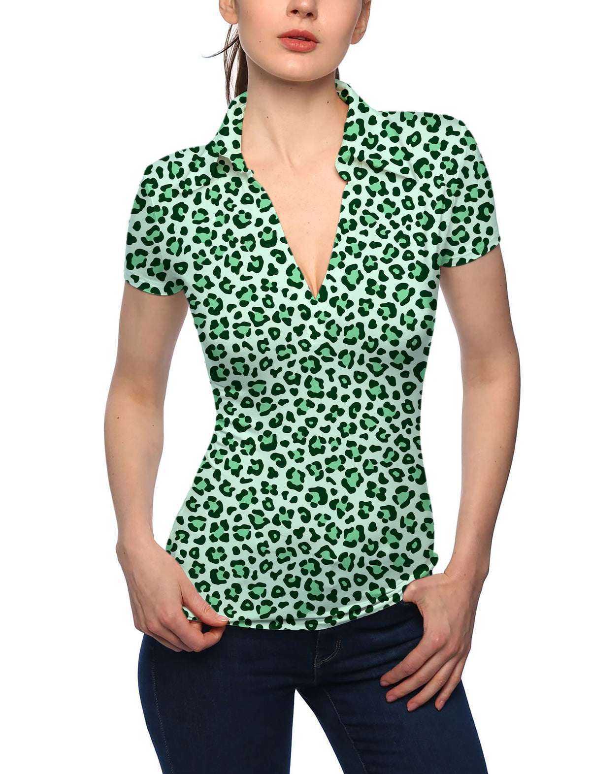 Women's Green leopard print V Neck Golf Polo