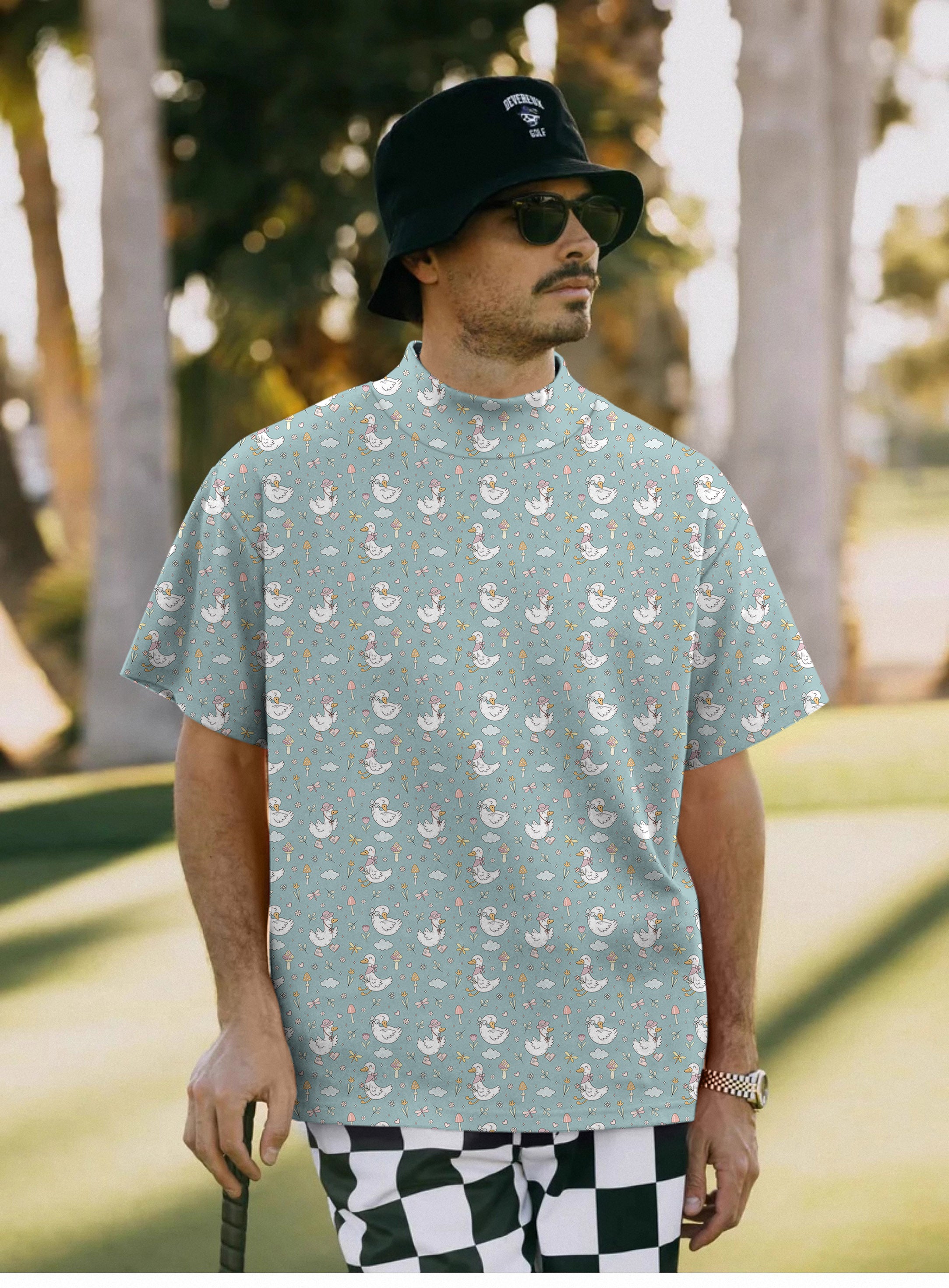 Men's Cute Duck Floral Mock Neck Long/Short Sleeve Golf Tops
