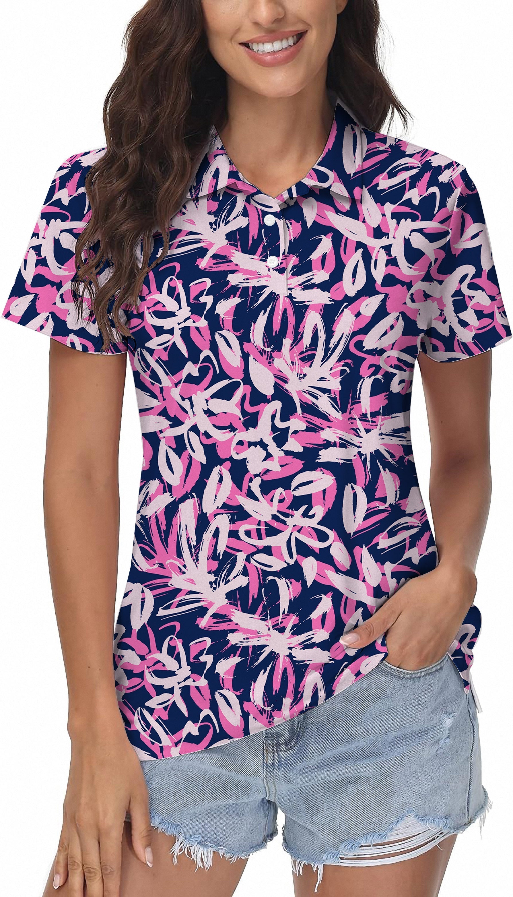 Draw Flowers print women's polo shirt for golf with pink and navy floral design