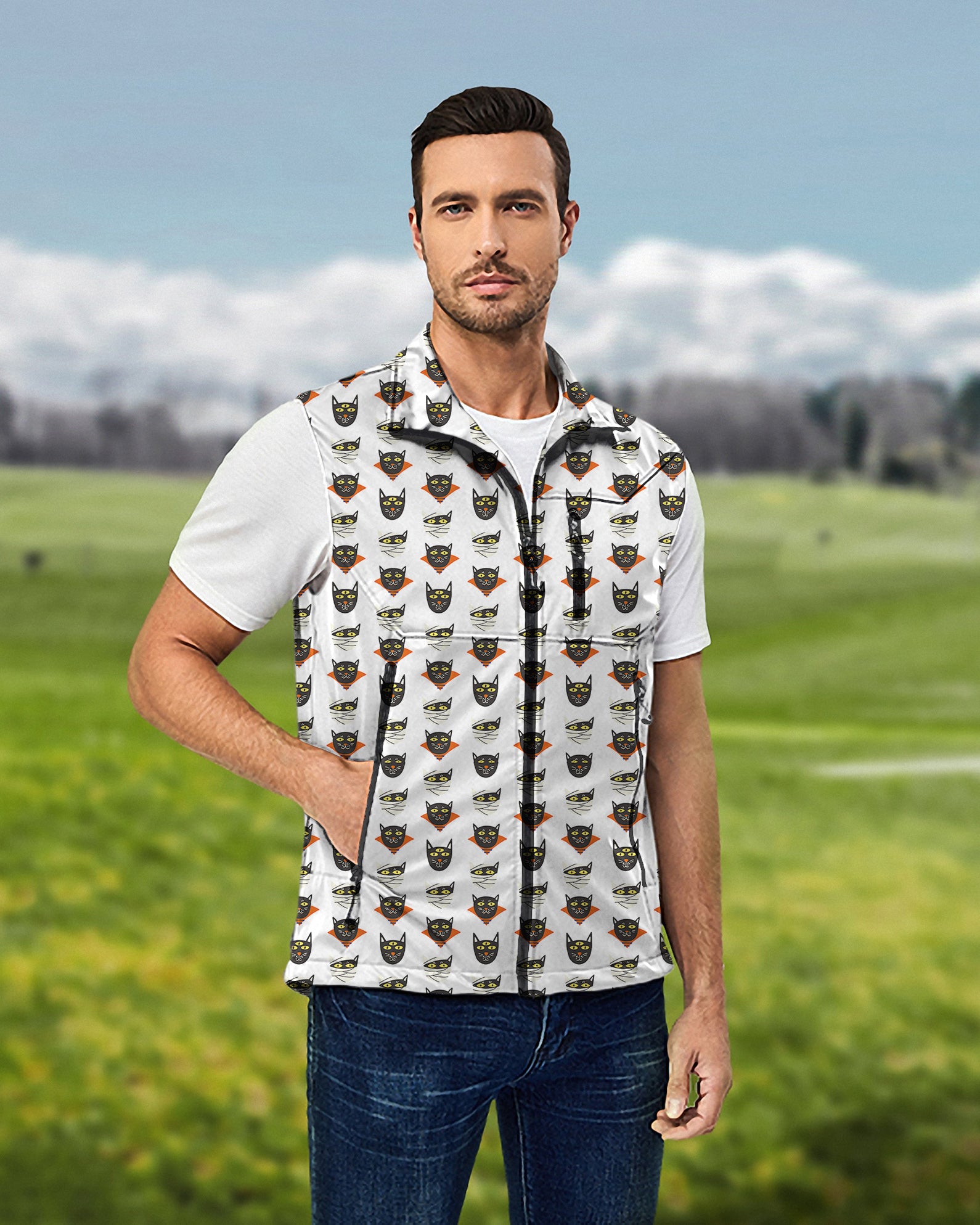 Men's Halloween Mummy Cat Custom The Background Color Lightweight Softshell Vest Sleeveless Jacket for Golf Windproof Waterproof