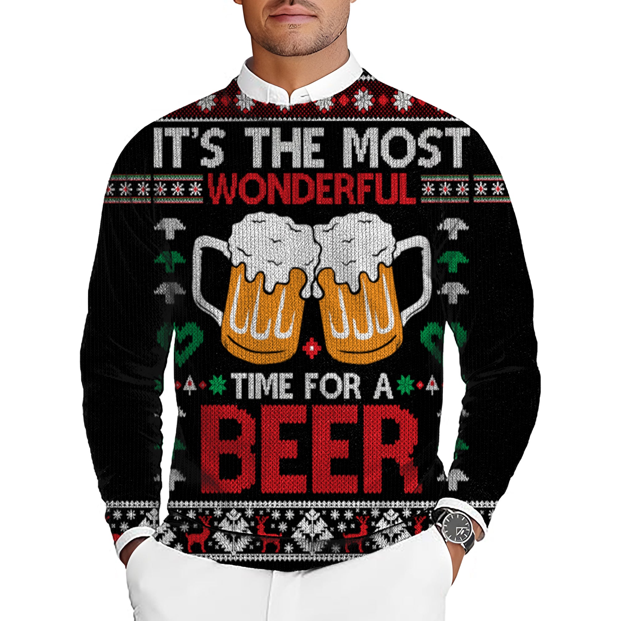 Wonderful time for a beer Christmas Men's Golf Crewneck Pullover Sweaters Ugly Sweater